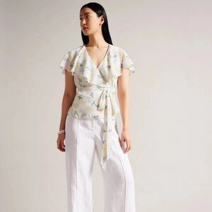 Ted Baker London Gemmiaa Wrap Top With Ruffle Sleeves Sky Blue NWT